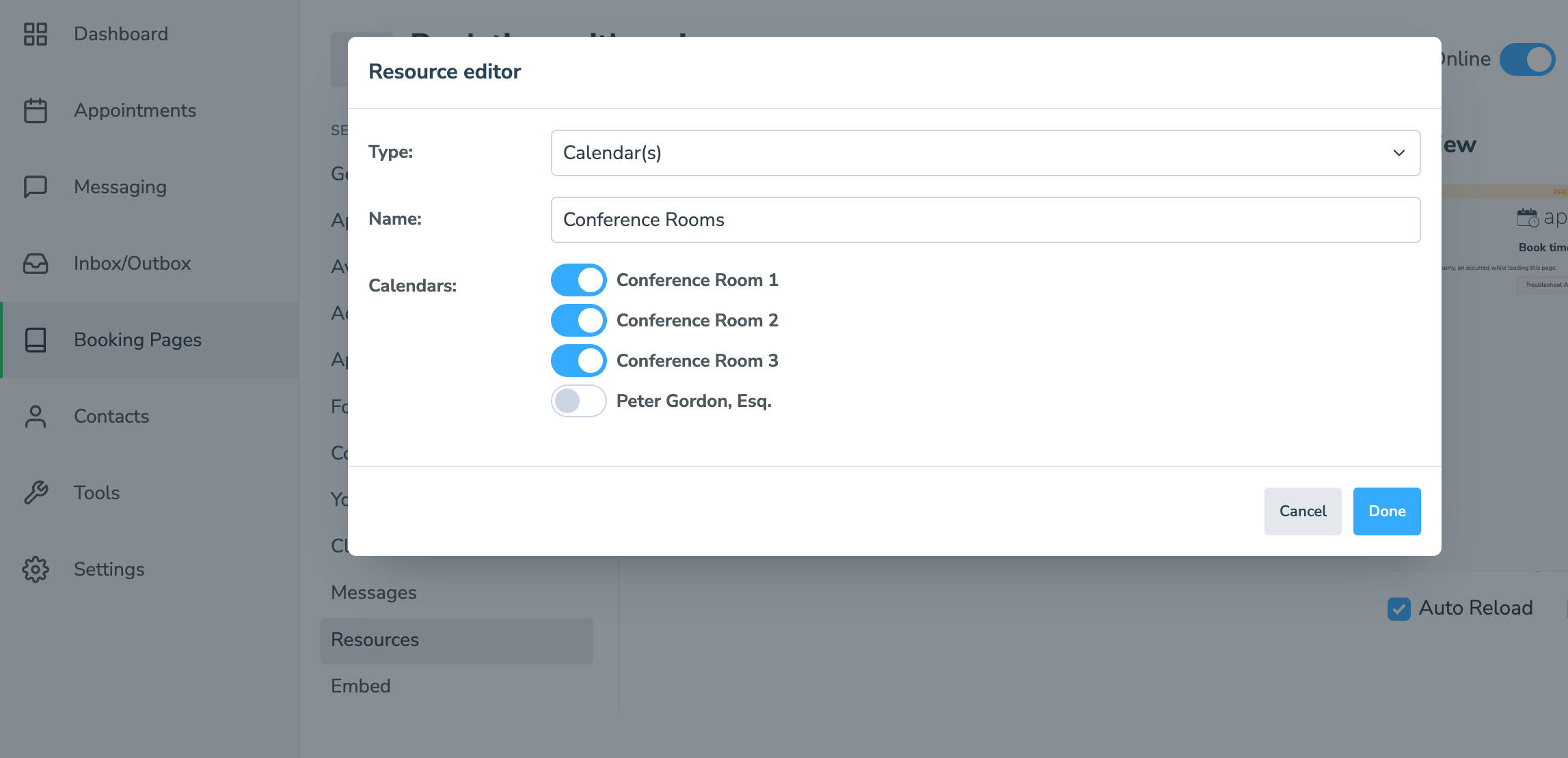 Add a calendar resource at the booking page level 