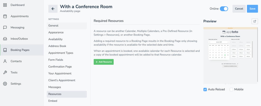 Add a resource at the booking page level via the Booking Page Resources tab.