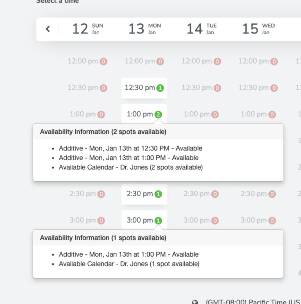 Calendar showing 2 spots available because both synced calendars have "Available" time slots.