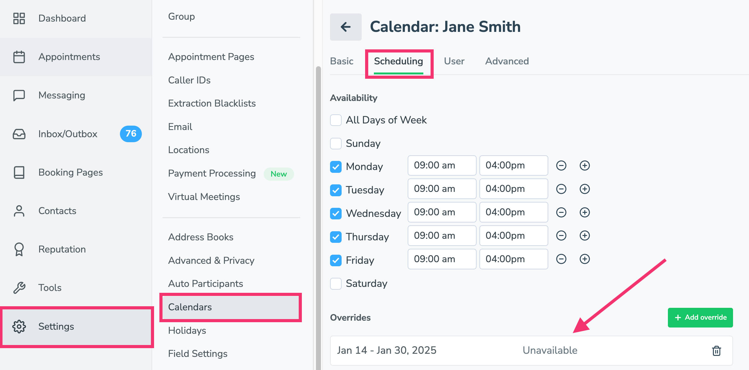 Calendar availability override blocking appointment availability on booking page