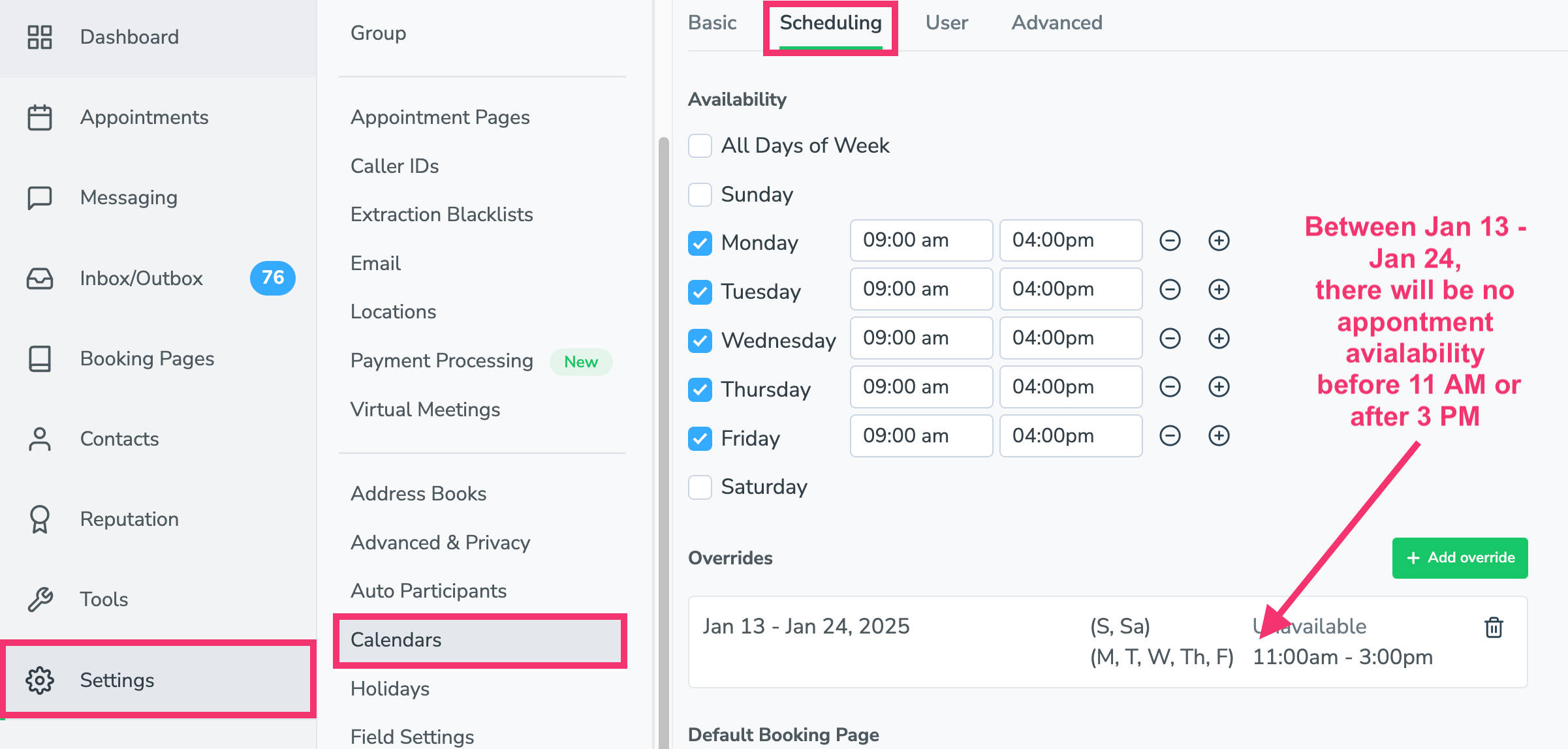 Availability override set different appointment schedule during date range