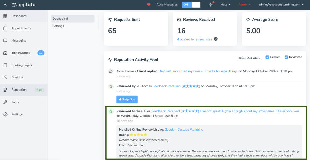 Apptoto will alert you if it determines a review has been submitted to a third-party review site.