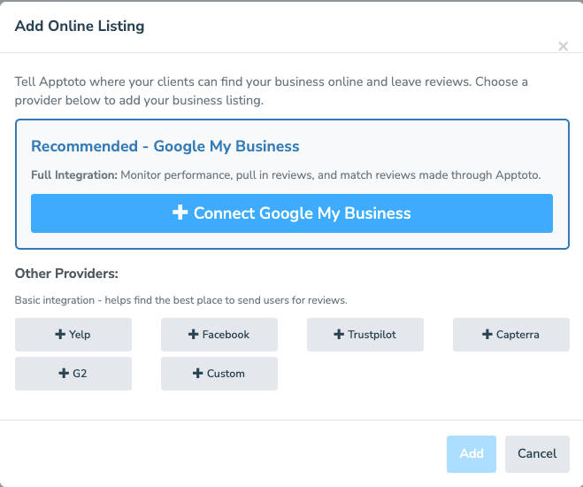Add a Google Business Profile by clicking the "Google My Business" button
