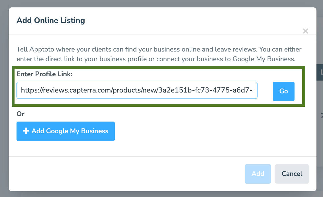 Add a custom review site by filling in the profile link to add the online listing