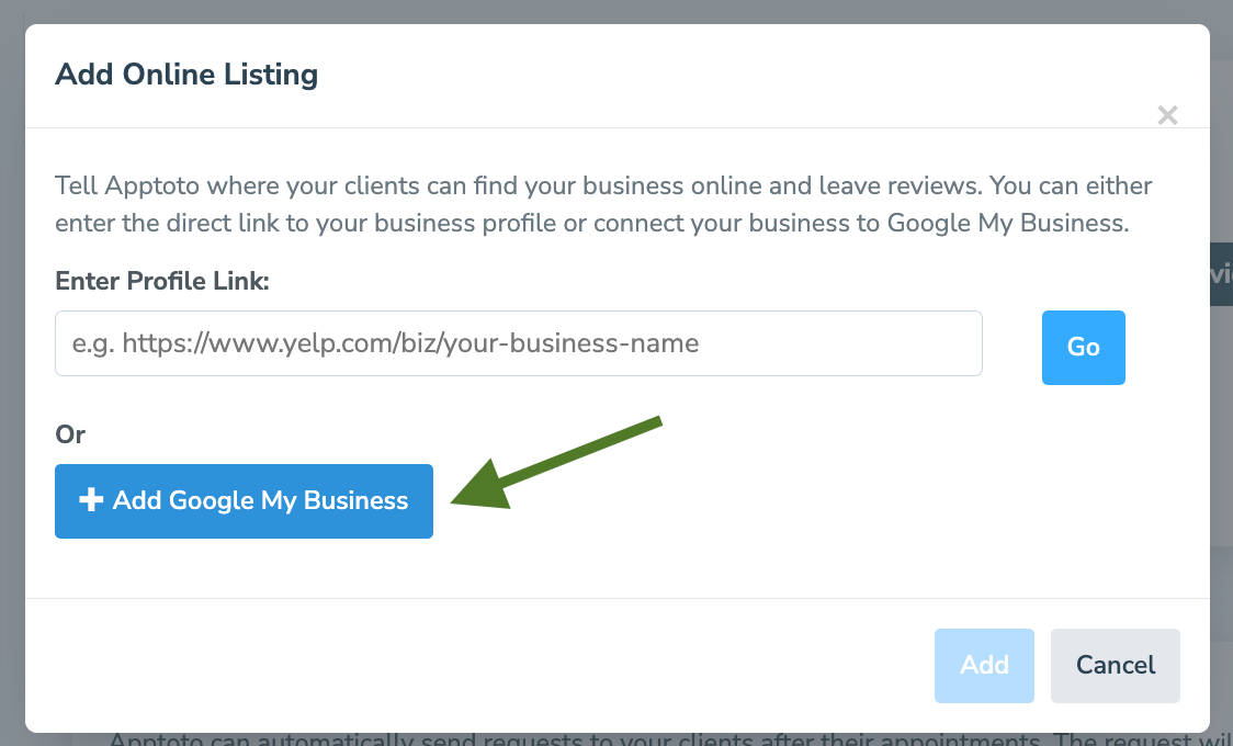 Add a Google Business Profile by clicking the "Google My Business" button