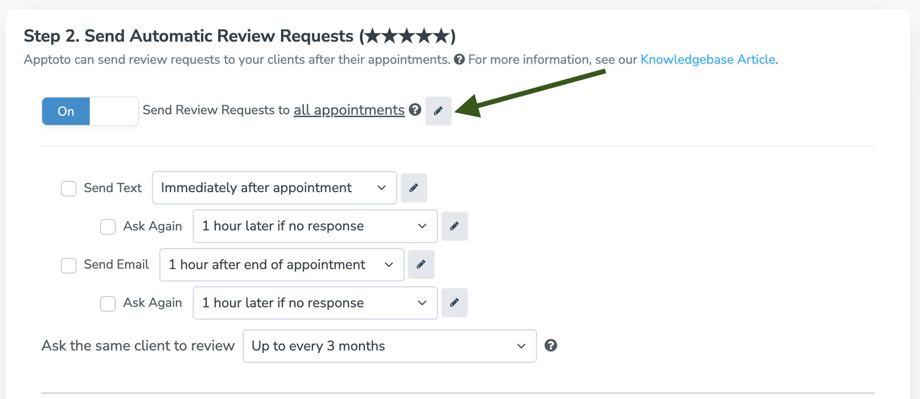 Click the pencil icon to limit which appointment receive review requests