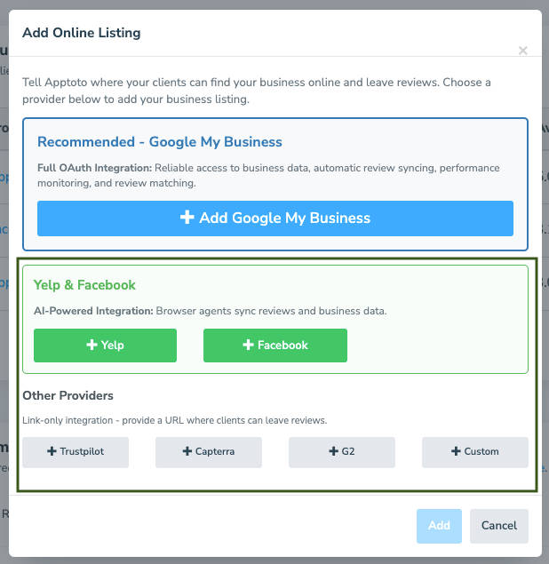 Add a custom review site by filling in the profile link to add the online listing