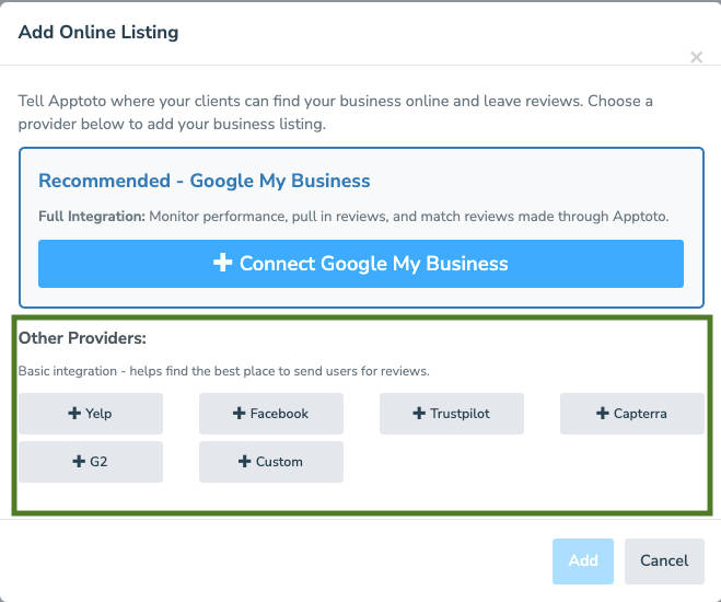 Add a custom review site by filling in the profile link to add the online listing