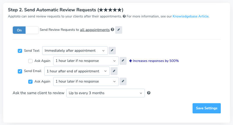 Set review request timing and type (text or email or both)
