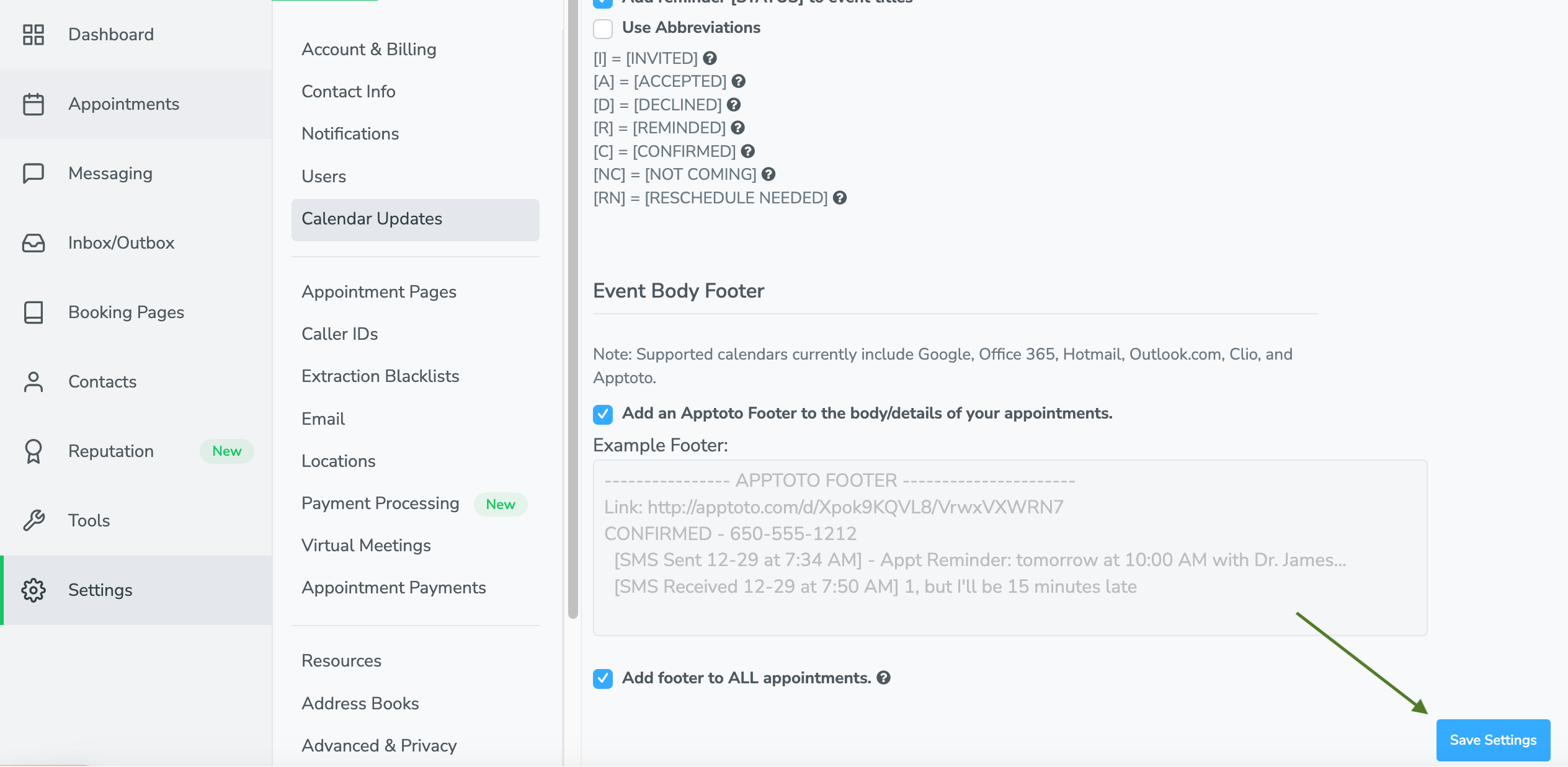 Save appointment event footer settings