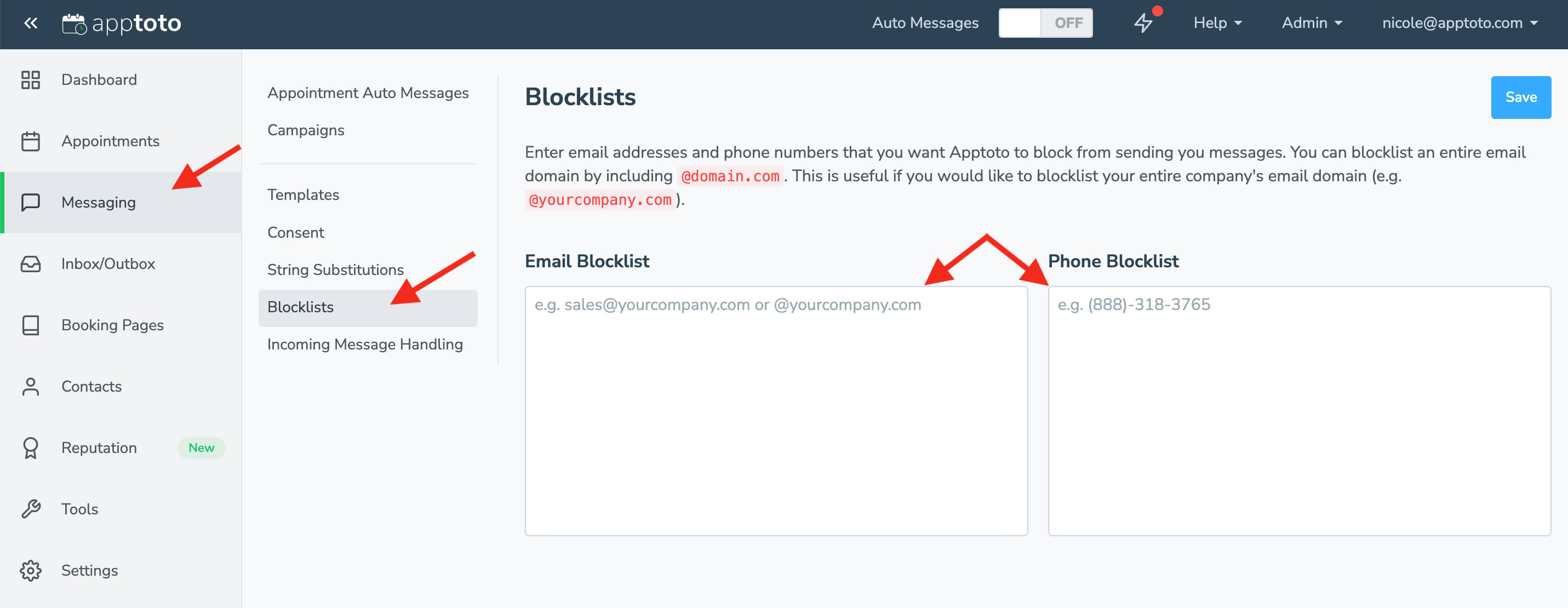Add phone numbers to the blocklist to prevent them from sending you messages or scheduling appointments with you