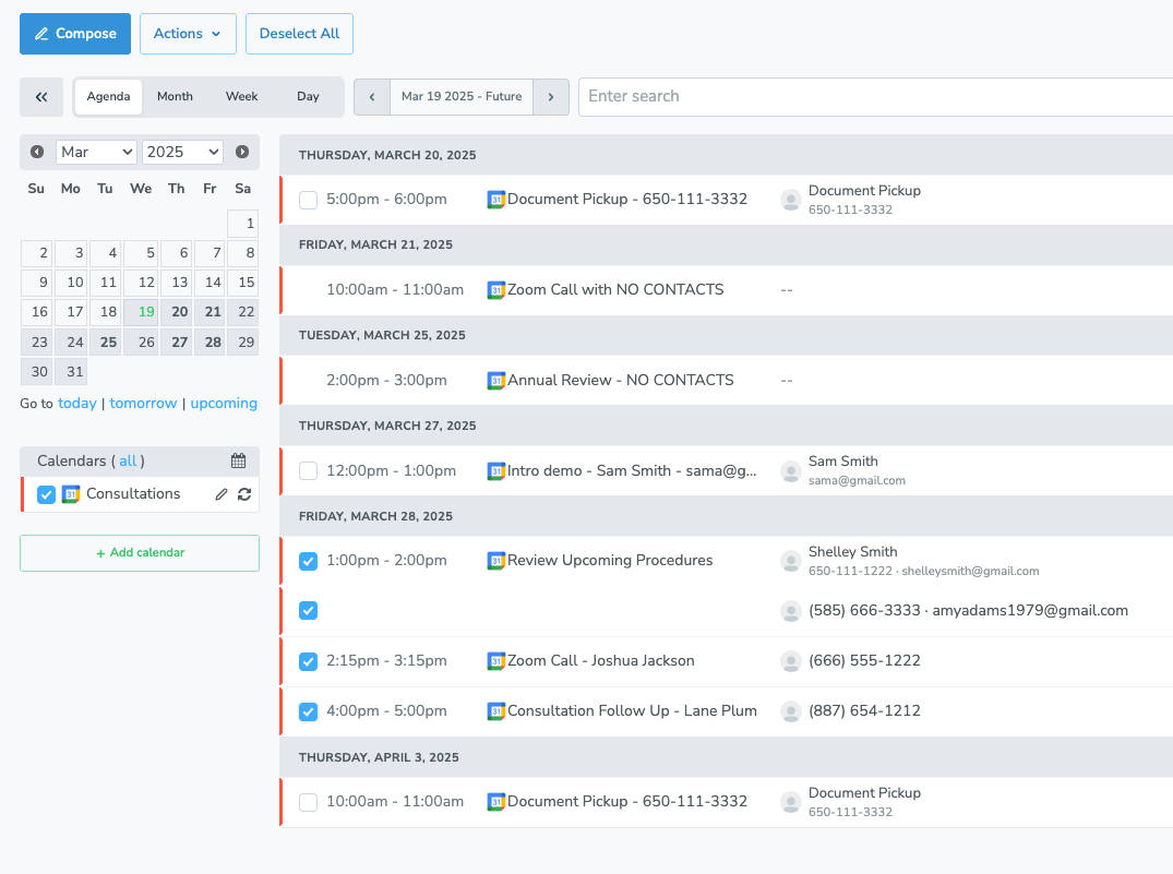 Select multiple appointments by check the checkboxes next to each invitee. 