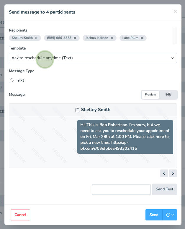 Choose a template to send for your message blast or write a custom message