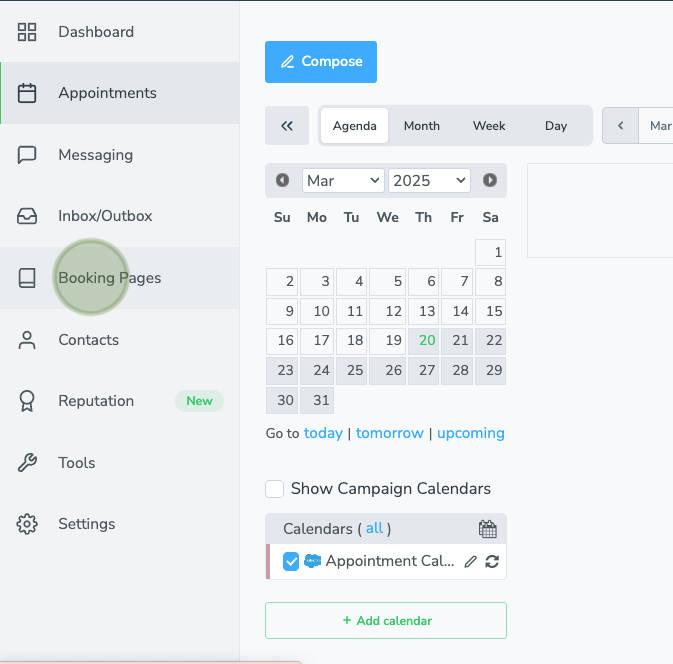 Booking page tab in Apptoto platform.
