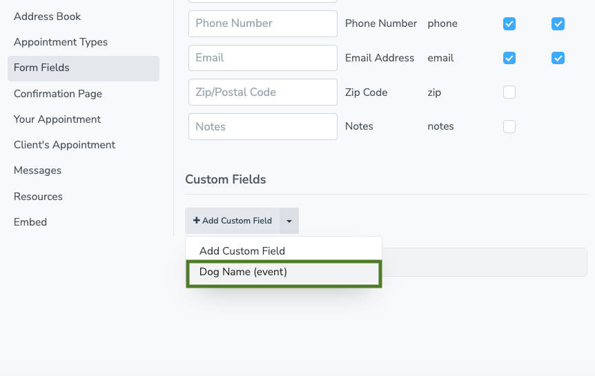Select custom field from drop-down to add to booking page
