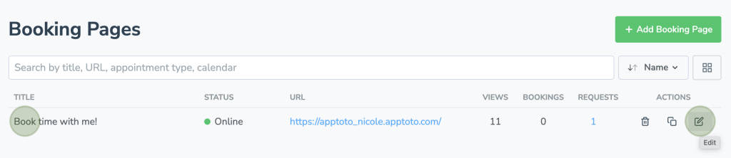Edit booking page in Apptoto by clicking the title or pencil and paper icon.
