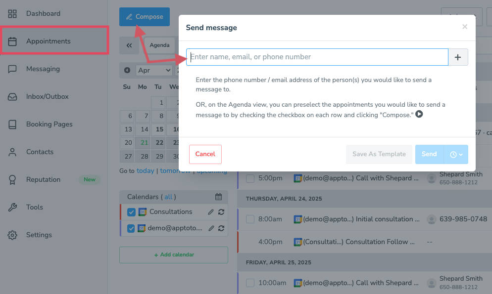 Compose a one-time text message to one or more contacts in Apptoto