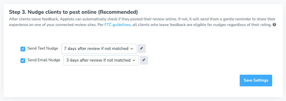 Deliver text or email nudges to clients to leave reviews publically