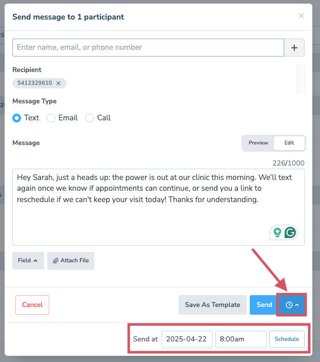 The clock icon will allow you to select a time and date to schedule a text message