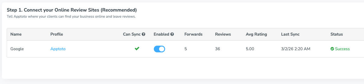 Aptoto reputation management dashboard showing added and synced Google profile