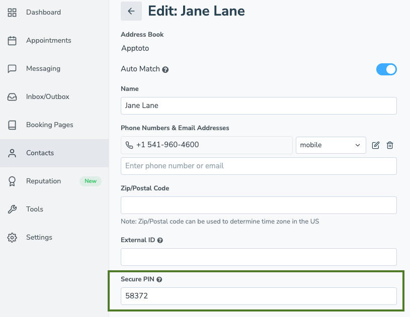 Add unique contact-level PIN via the Contacts tab.