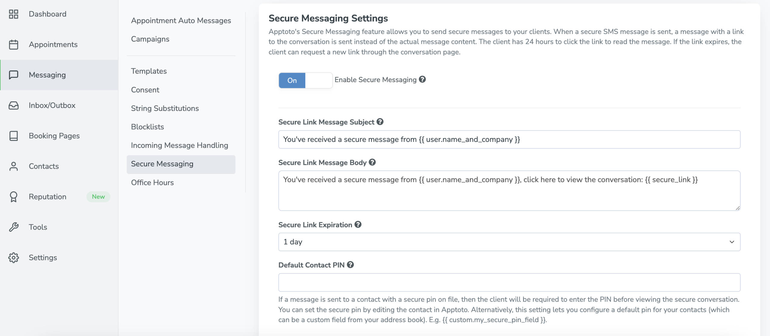 Set up secure messaging by toggling "enable secure messaging" on.