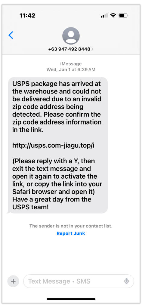 Smishing text message trying to trick a user using an invalid package notification.