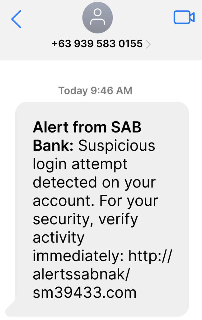 Suspicious spam text message pretending to be a bank.