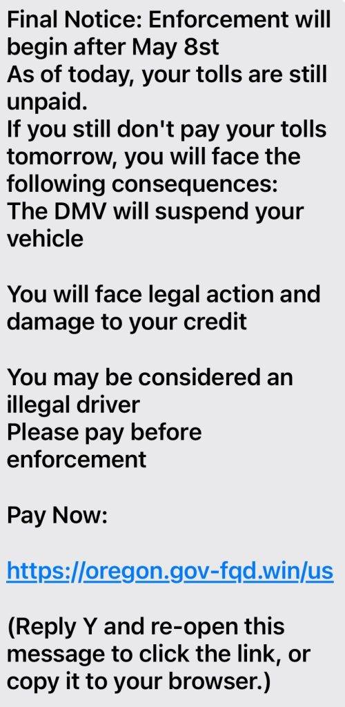 Fake text message from the DMV trying to trick users into clicking fraudulent link
