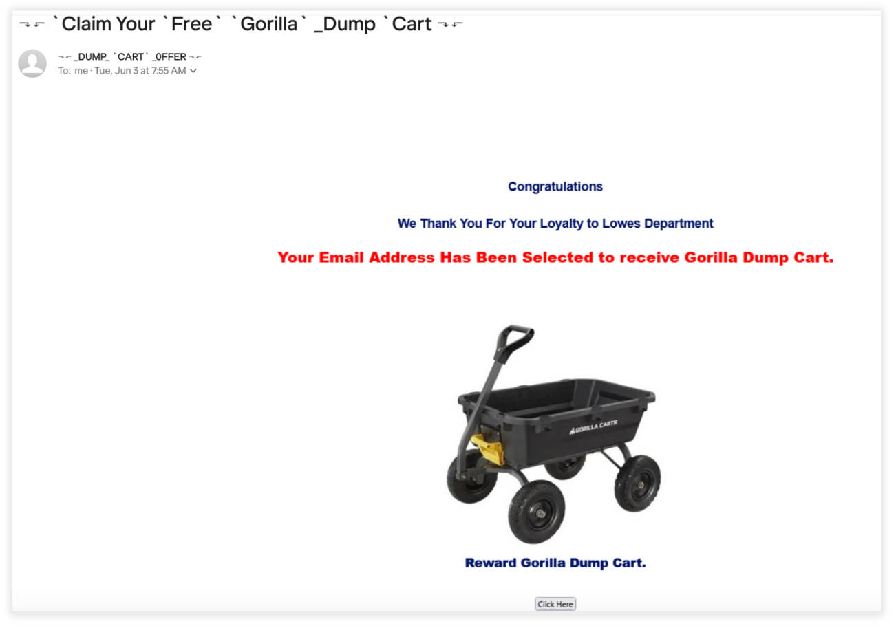 Spam email offering a free gift to trick users.