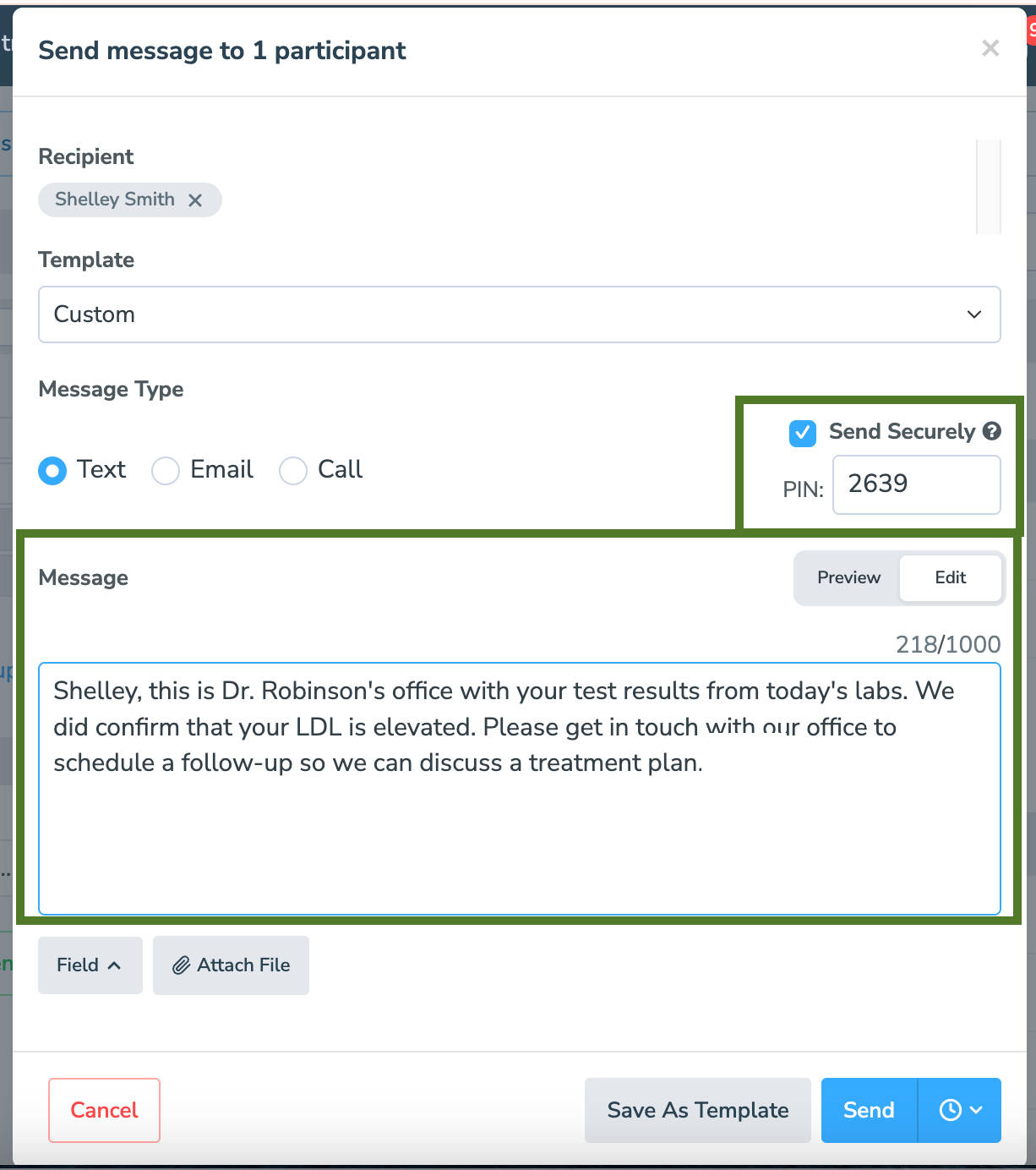 Enabled secure messaging checkbox on one-time messaging
