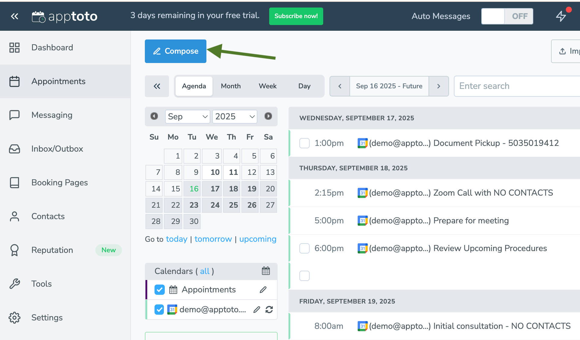 Compose a one-time message in Apptoto to anyone on Appointments tab