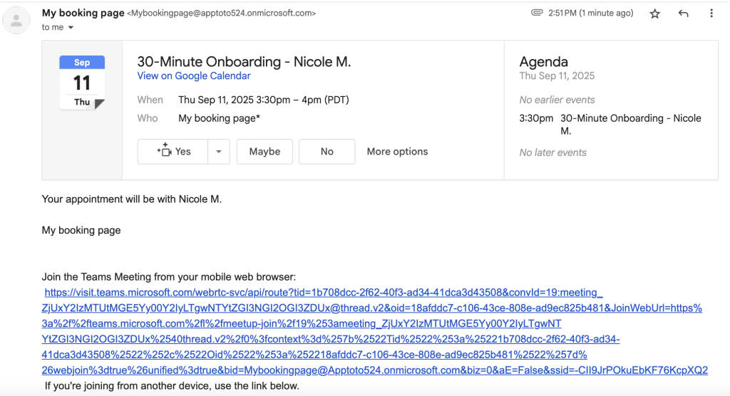 Example of appointment reminder email sent from Microsoft Bookings.