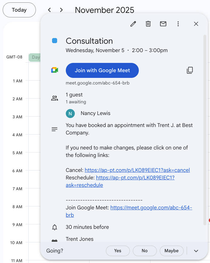 Automated join with google meet link generated by Apptoto in a Google appointment