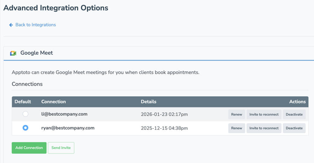 Select a default Google account you wish to create meet links through on the Apptoto integrations tab