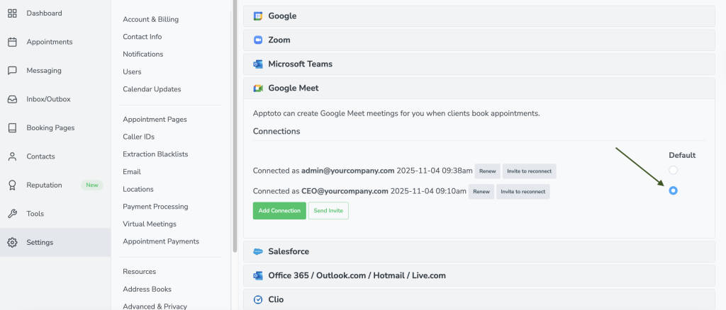 Select a default Google account you wish to create meet links through on the Apptoto integrations tab