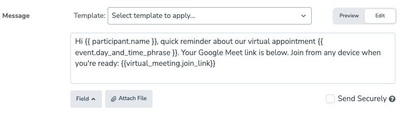 Virtual meeting text message reminder example with dynamic meeting link field