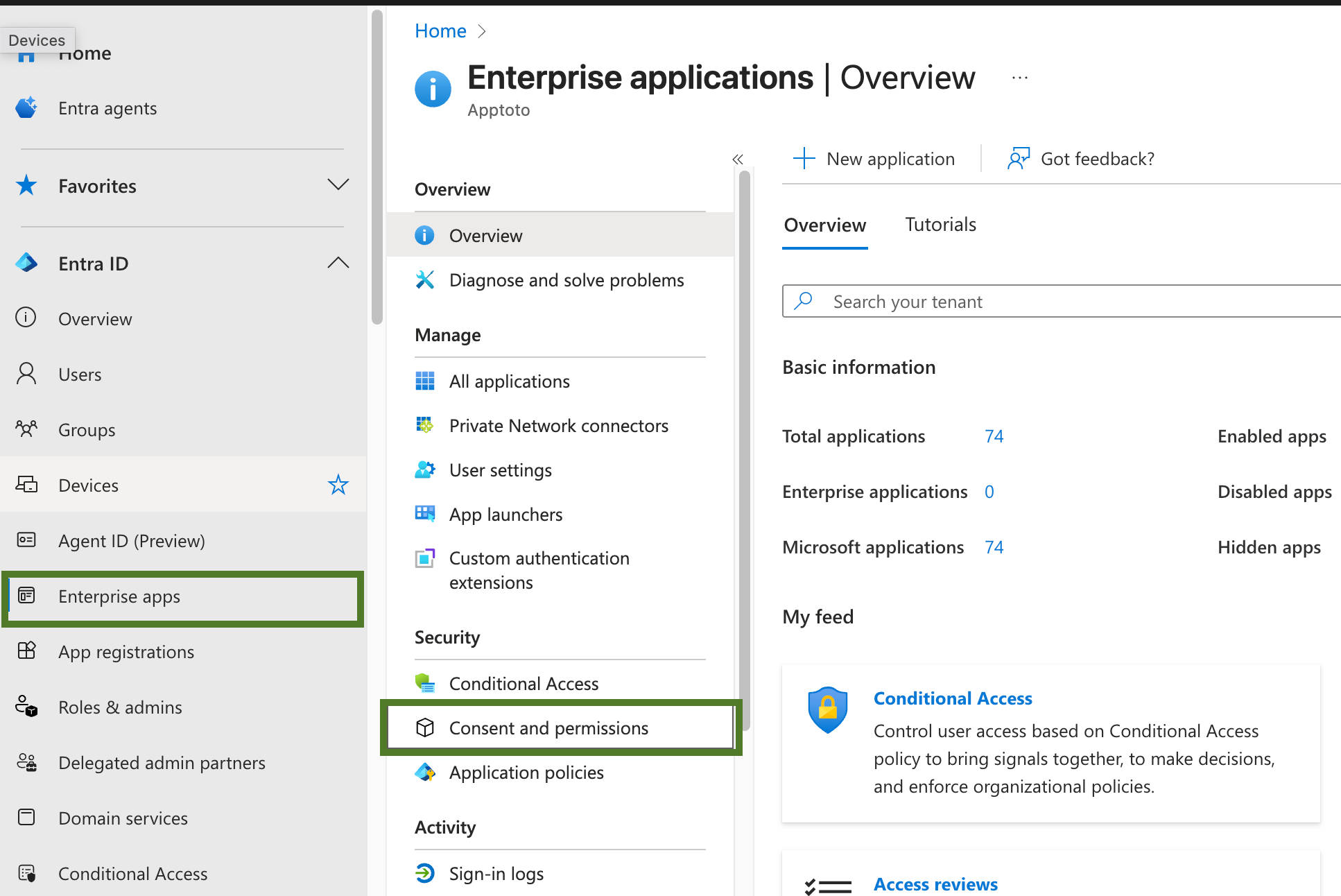 Microsoft Entra enterprise apps and consent and permissions tabs