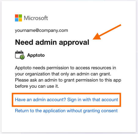 Apptoto showing Microsoft Admin approval needed to complete sync