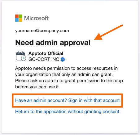 Modal screen showing that Microsoft requires Admin approval to allow you to share your microsoft calendar and contacts with apptoto 
