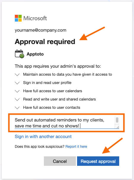 Apptoto showing Microsoft Admin approval needed to complete sync with reasoning