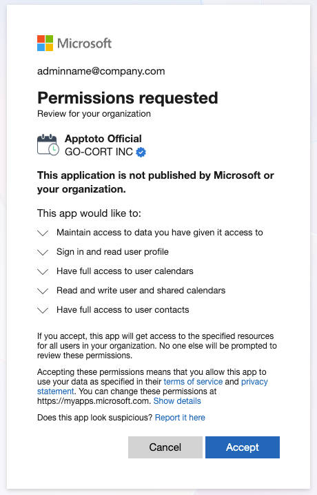 Administrative review of data permissions Apptoto is requesting for Microsoft outlook and calendar