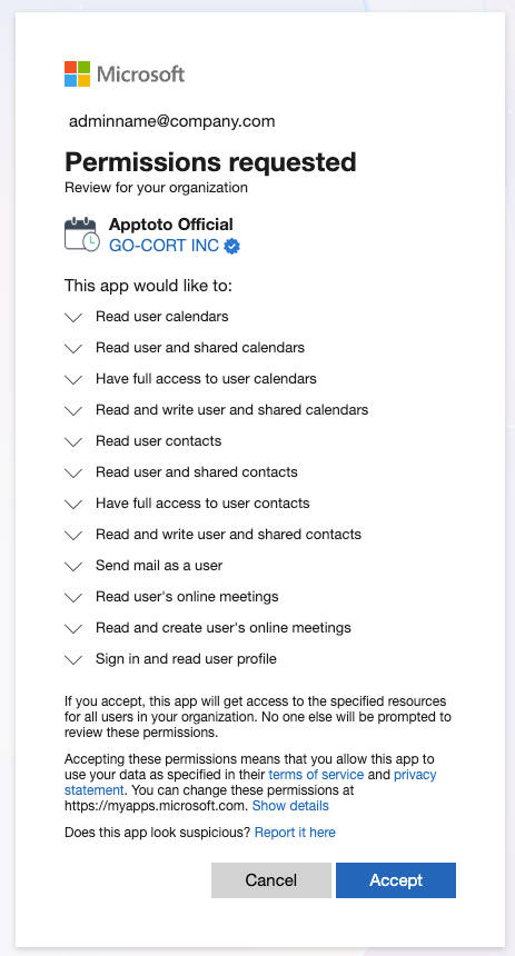 Admin consent approval screen to grant access to allow all users to sync microsoft calendars and contacts to apptoto