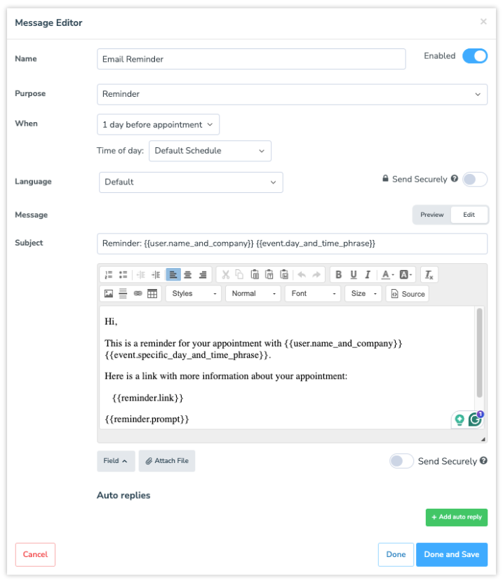 Configure an email appointment reminder and all settings in Apptoto including the reminder message