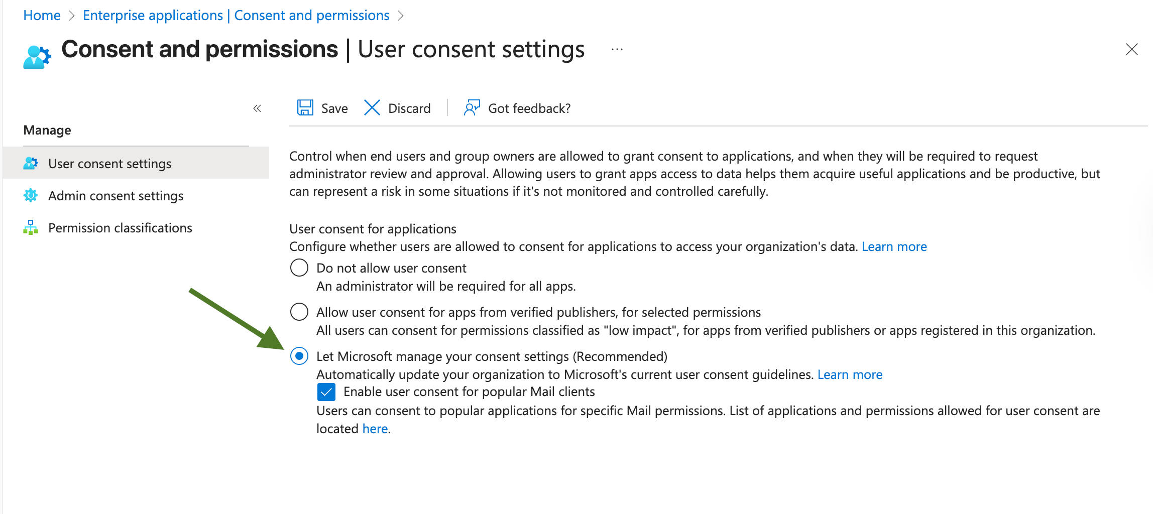 In Microsoft Entra, allow Microsoft to manage consent to apps setting