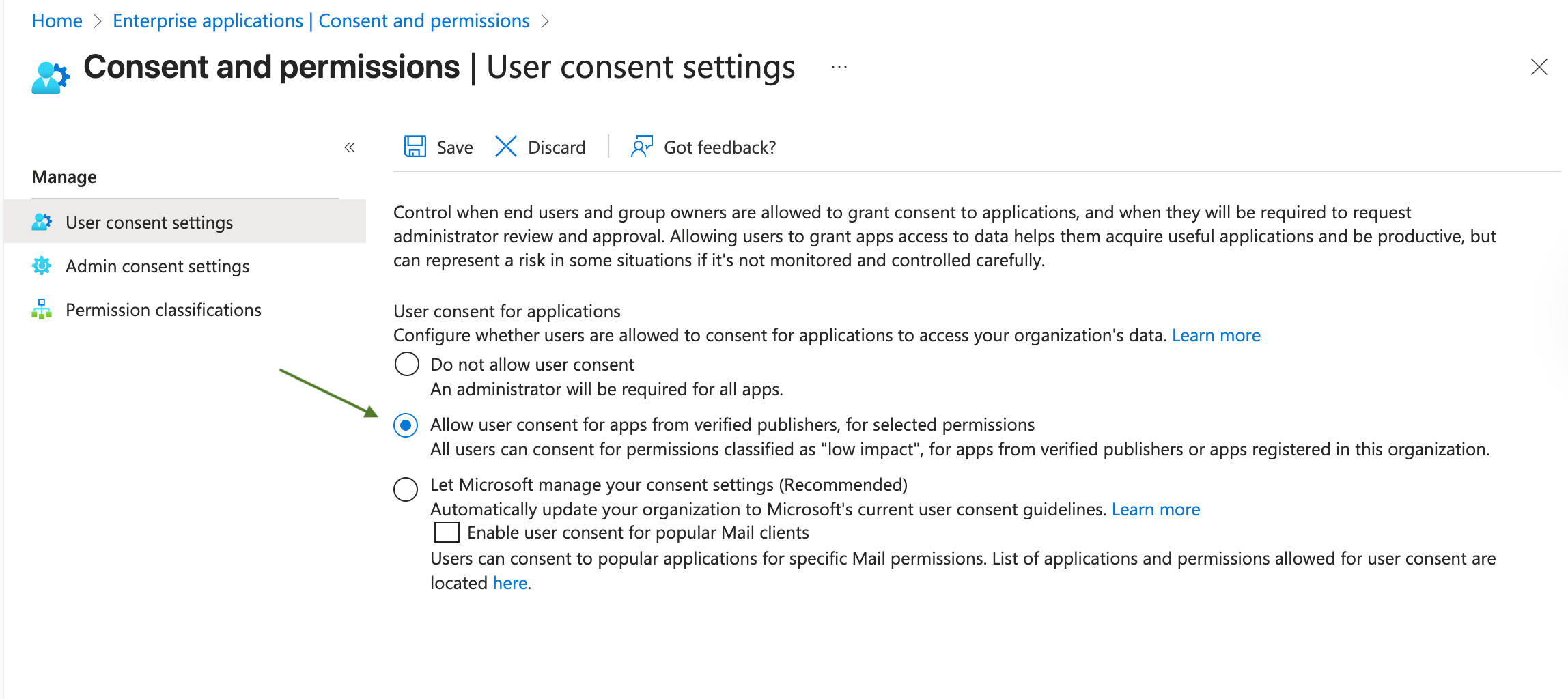 To allow Apptoto access to Microsoft, select allow user consent for apps from verified publishers.