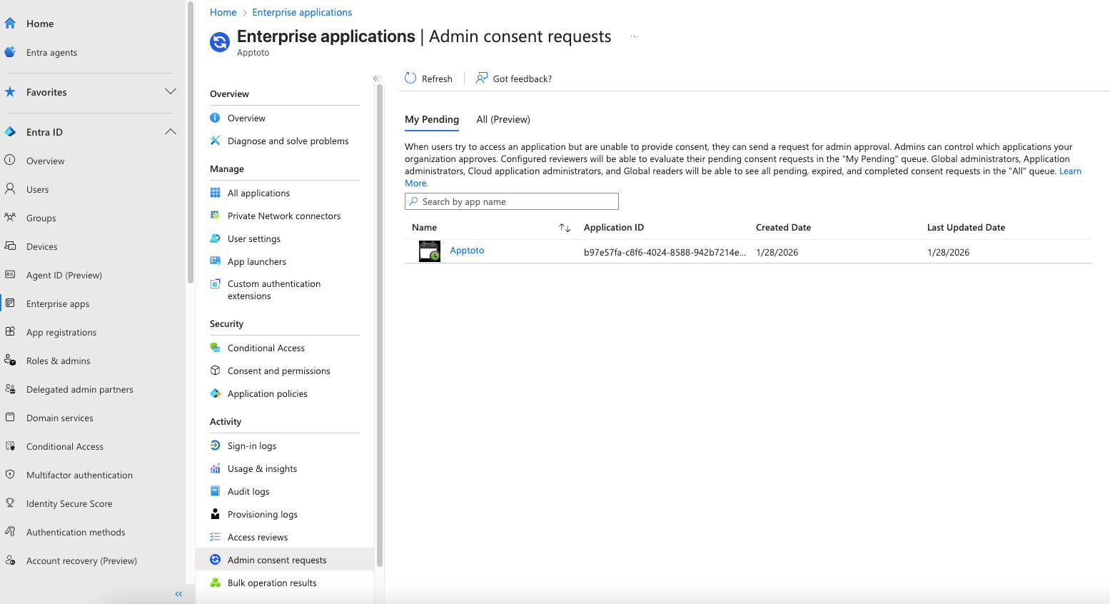 Pending admin consent request screen for Apptoto to allow Microsoft syncing