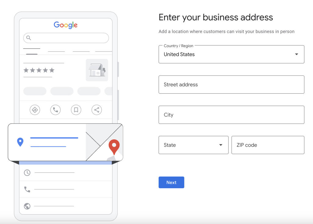 Google Business Profile setup step to enter your exact address if you select storefront business