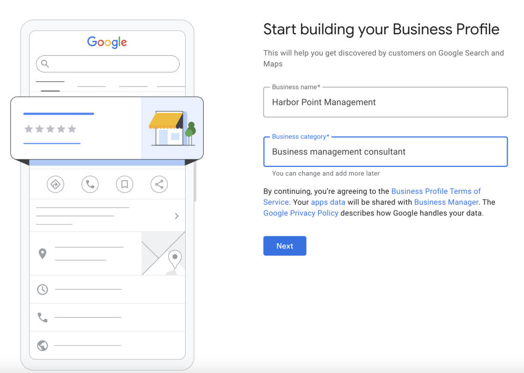 Google Business Profile step of entering business name and category