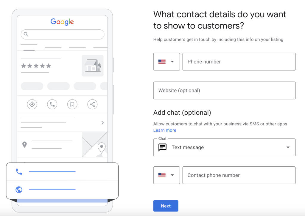 Google Business Profile setup step to add contact information including phone number, website, and chat method